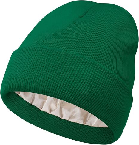 قبعة شتوية مبطنة بالساتان من دوريو للنساء قبعات شتوية مبطنة بالحرير للنساء قبعة جمجمة من الأكريليك الناعم الدافئ قبعة صغيرة خضراء مقاس واحد in Kuwait