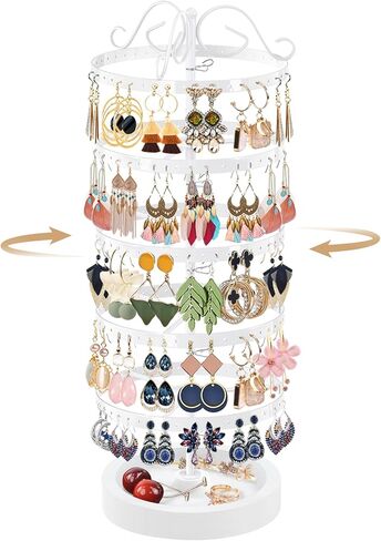 5 Tiers Rotating Earring Holder Organizer, Adjustable Metal Earring Display Stand with Wooden Tray, 220 Holes Earring Tree Storage Tower Rack for Women Girls (White) in Saudi Arabia