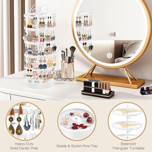 5 Tiers Rotating Earring Holder Organizer, Adjustable Metal Earring Display Stand with Wooden Tray, 220 Holes Earring Tree Storage Tower Rack for Women Girls (White) in Saudi Arabia