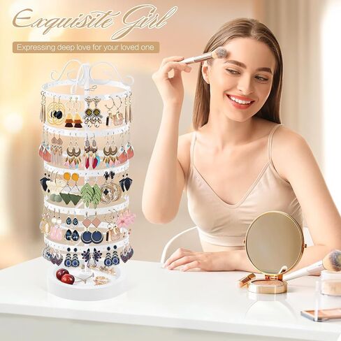 5 Tiers Rotating Earring Holder Organizer, Adjustable Metal Earring Display Stand with Wooden Tray, 220 Holes Earring Tree Storage Tower Rack for Women Girls (White) in Saudi Arabia