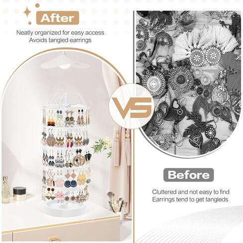 5 Tiers Rotating Earring Holder Organizer, Adjustable Metal Earring Display Stand with Wooden Tray, 220 Holes Earring Tree Storage Tower Rack for Women Girls (White) in Saudi Arabia