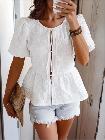 OYOANGLE Women's Bow Tie Front Blouse Ruffle Peplum Babydoll Puff Short Sleeve Summer Tops in Saudi Arabia