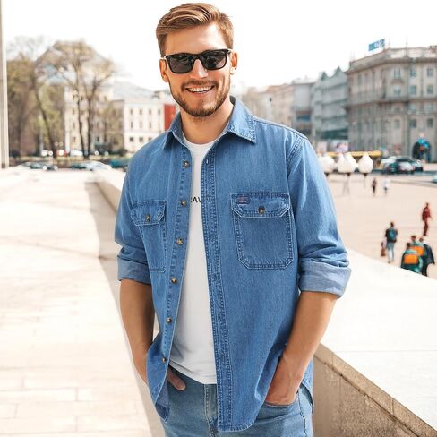 HISEA Mens Denim Shirt Long Sleeve Jean Work Shirts Regular Fit Button Down Shirts with Pockets in Saudi Arabia