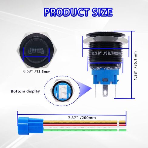 مفتاح شريط إضاءة LED 19 مم من mankk 12 فولت مقاوم للماء من الفولاذ المقاوم للصدأ، مفتاح زر ضغط SPST تشغيل/إيقاف LED أزرق، مع قابس مقبس سلكي، لشاحنة قارب السيارة P-L-19-01-BK-BU in Kuwait