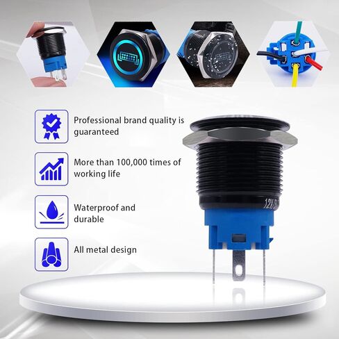مفتاح شريط إضاءة LED 19 مم من mankk 12 فولت مقاوم للماء من الفولاذ المقاوم للصدأ، مفتاح زر ضغط SPST تشغيل/إيقاف LED أزرق، مع قابس مقبس سلكي، لشاحنة قارب السيارة P-L-19-01-BK-BU in Kuwait
