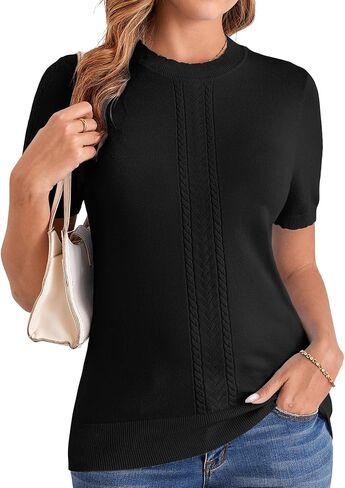 Arach&Cloz Womens Cute Cable Knit Summer Tops Short Sleeve Shirts Dressy Casual Crewneck Ladies Sweater 2025 in Saudi Arabia