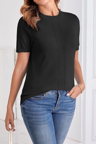 Arach&Cloz Womens Cute Cable Knit Summer Tops Short Sleeve Shirts Dressy Casual Crewneck Ladies Sweater 2025 in Saudi Arabia