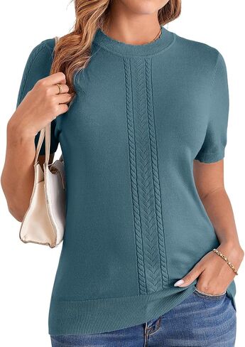 Arach&Cloz Womens Cute Cable Knit Summer Tops Short Sleeve Shirts Dressy Casual Crewneck Ladies Sweater 2025 in Saudi Arabia