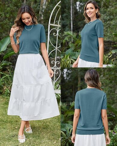 Arach&Cloz Womens Cute Cable Knit Summer Tops Short Sleeve Shirts Dressy Casual Crewneck Ladies Sweater 2025 in Saudi Arabia