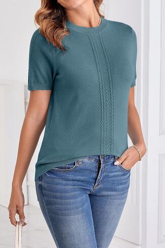 Arach&Cloz Womens Cute Cable Knit Summer Tops Short Sleeve Shirts Dressy Casual Crewneck Ladies Sweater 2025 in Saudi Arabia