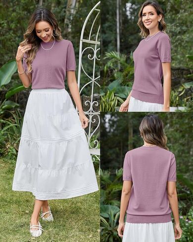 Arach&Cloz Womens Cute Cable Knit Summer Tops Short Sleeve Shirts Dressy Casual Crewneck Ladies Sweater 2025 in Saudi Arabia