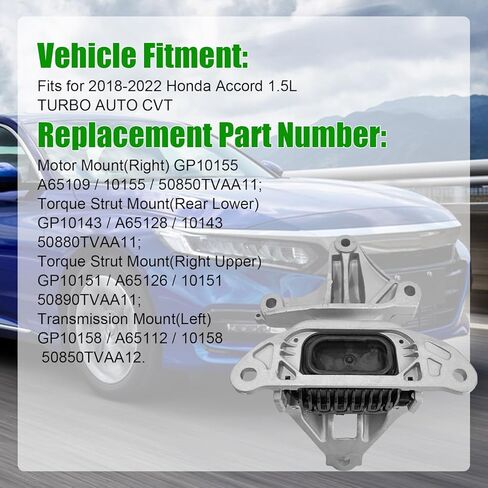 PratRaken 4 PCS Engine Motor and Trans Mounts Set Fits for Honda Accord 1.5L 2018 2019 2021 2022 Turbo AUTO CVT A65109 A65128 50850TVAA11 Upper Left Transmission Mount Rear Lower Torque Strut Mount in Kuwait