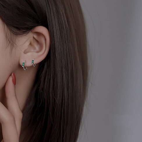 2 Pairs Tiny CZ Green Statement Hoop Earrings for Women Small Cute Golden Silvery Plated Hypoallergenic Rectangle Rhinestone Cartilage Tragus Huggie Hoops Earring Geometric Jewelry Party Wedding Dainty Gifts in Saudi Arabia