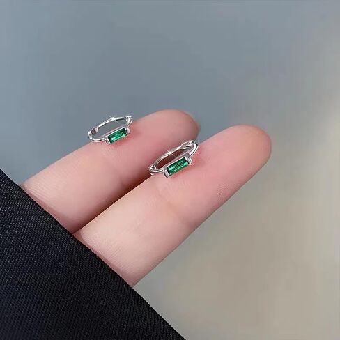 2 Pairs Tiny CZ Green Statement Hoop Earrings for Women Small Cute Golden Silvery Plated Hypoallergenic Rectangle Rhinestone Cartilage Tragus Huggie Hoops Earring Geometric Jewelry Party Wedding Dainty Gifts in Saudi Arabia
