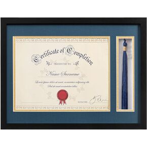 eletecpro 12x16 Diploma Frame with Tassel Holder for 8.5x11 Document or Certificate, Degree Frame for Graduations with 2 Mats Navy & Gold, Real Glass