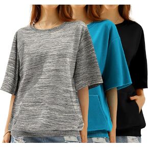 DOUBLJU 3 Pack Casual Crew Neck Oversized Sweatshirt Short Sleeve Basic Pullover Loose Top with Pocket Workout Sets for Women