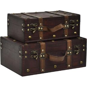 Wooden Vintage Luggage Trunks Set of 2, Decorative Antique Suitcase Boxes with Hinged Lids, Old Fashioned Chests for Home and Table Decor, Maroon