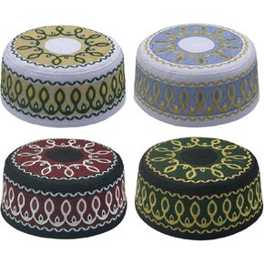 4 Pieces Muslim Prayer Cap Kufi Hat Men Islam Embroidery Arabian Omani Turkish for Eid