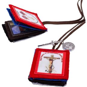 Five Fold Scapular with St. Benedict Medal and Crucifix | Scapular Devotional | Catholic Spiritual Protection | Wear or Hang in Home on Wall | 10 Fabric Tags with Christian Iconography