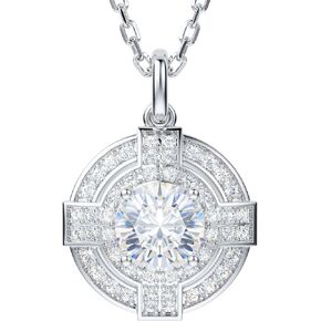 THELANDA Genuine Moissanite Sterling Silver Vintage Classic 2 Carat Round Shield Cross Pendant Necklace, Adjustable 18-20 Inch Chain with Lobster Clasp, Unisex Jewelry Gift for Women and Men