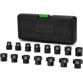 15-Piece 1/2-Inch Drive Metric Low Profile Impact Socket Set, Stubby Socket Set, 10mm-24mm, No Skips Sizes, 6 Point, Cr-Mo, Shorter Socket for Tight Areas