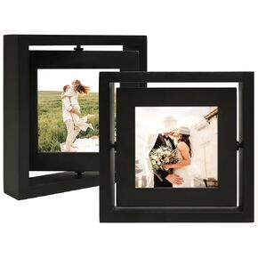 5x7 Double-Sided Rotating Floating Picture Frames (2 Pack, Gray), Solid Pine Wood with Real Glass for Horizontal Vertical Standing Display Desk Tabletop Photo Frames