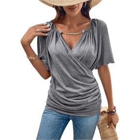 SOLY HUX Women's Wrap Ruched T Shirt V Neck Short Sleeve Casual Tee Tops