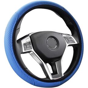 Leather Car Steering Wheel Cover, Classical Leather Automotive Steering Wheel Covers,Breathable, Non-Slip,Elastic, Universal 15 inch Steering Wheel Protector (Blue)