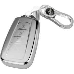 Polished Silver Key Fob Cover with Heavy-duty Keychain Smart Remote Key Shell Case For Corolla RAV4 Avalon Prius C-HR