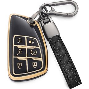 for Chevy Key Fob Cover with Leather Keychain 360 Degree Protection Key Shell for 2021-2024 Chevrolet Suburban Tahoe GMC Yukon Denali Sierra Silverado Buick Envision Avenir 6 Buttons,A Black