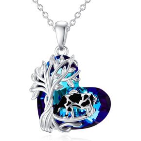 TOUPOP Cow Necklace s925 Sterling Silver Tree of Life Necklaces with Blue Circle Crystal Cow Lovers Gifts Birthday Jewelry Gifts for Women Girls