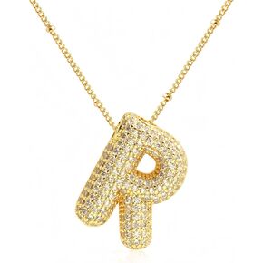 18k Bubble Letter Necklace Gold for Women, Rhinestone Gold A-Z Bubble Initial Necklace, Personalized Plated Letter Name Pendant Chunky Alphabet Necklace Birthday Jewelry Gifts