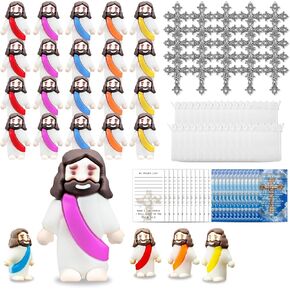 Yelsky Little Jesus Figures 25 Pcs, Mini Jesus Character Toys, Multicolor Jesus Figurines , Christian Gatherings Thanksgiving Easter Sunday School Baptism Souvenirs with Prayer Card, Silver Cross