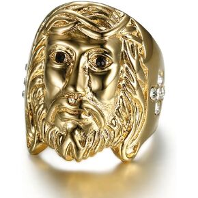 Gold Jesus Head Ring for Men Rock Jesus Face Ring, Classic Jesus God Ring Sparkly Jesus Cross Ring Men’s Vintage Christ Jesus Head Jewelry Iced Out Christian Jesus Cross Ring