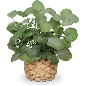 DILATATA Artificial Eucalyptus Stems in Woven Basket Planter, 11" Fake Plant Eucalyptus Leaves with White Seeds Faux Potted Plant Greenery for Table Centerpiece Office Indoor Home Decor