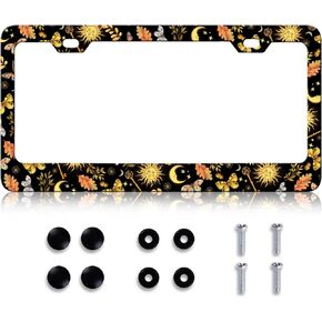Colorful Moon and Stars License Plate Frame - Sun Night Sky with Leaves Licnese Plate Holder, Rust-Proof Stainless Steel Auto Parts License Plate Cover Decoration for Standard Us 12x6 Inch