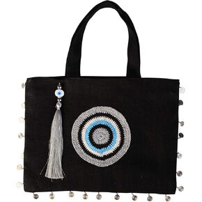 Oversize Evil Eye Black- Silver Jute Handbag Tote Beach Bag Zipper Gift Bag with Crystals and Tassels, Large