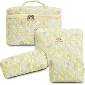 4Pcs Quilted Makeup Bag Set Cute Floral Cosmetic Bag Cotton Coquette Make up Bag Aesthetic Travel Toiletry Bag for Women Girls