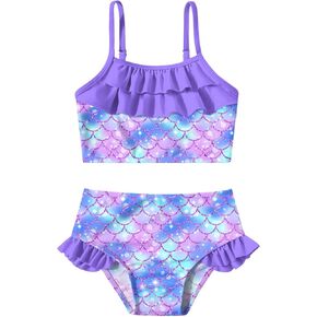 Little Girls Two Piece Mermaid Bikini Set Ruffle Adjustable Summer Beach Bathing Swimsuit 3-7 Years for Kids