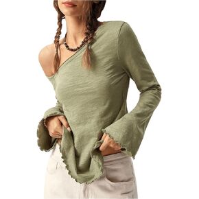 SweatyRocks Women's Long Bell Sleeve Off Shoulder Tops Loose Solid Lettuce Trim Asymmetrical T-Shirt