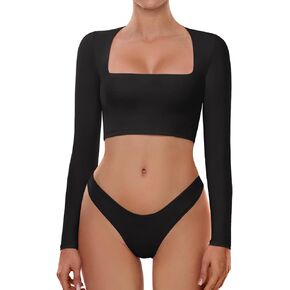Cyanstyle Women's Sexy Square Neck Crop Tops Double Lined Long Sleeve Y2K Going Out T Shirts