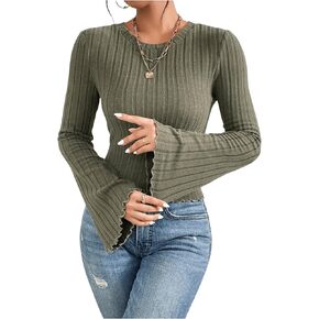 SweatyRocks Women's Ribbed Crop Shirts Long Bell Sleeve Crewneck Slim Fitted Basic Solid Color Tee Tops