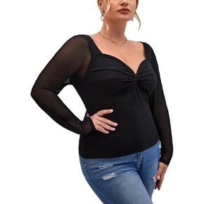 MakeMeChic Women's Plus Size Mesh Sheer Long Sleeve Tops Slim fit Twist Front Sweetheart Neck Tee Shirts