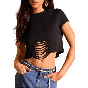 تي شيرت SweatyRocks نسائي قصير الأكمام ورقبة دائرية مقصوص وممزق ومقاس نحيف
