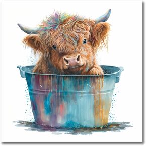Highland cattle Wall Decor Canvas Art Cartoon Prints watercolor style Pictures Posters Modern Artwork Paintings Home Wall Decoration Kids cute style Bedroom Gift (Unframed, 12x12 inch)