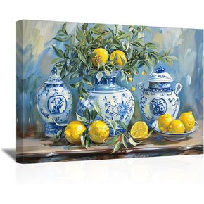 SWQYLB Lemon Wall Art Kitchen Picture Vintage Citrus Fruit Canvas Prints Yellow Lemon with Pottery Blue Classical Painting Rustic Farmhouse Decor Framed (Blue, 12.00" x 18.00")
