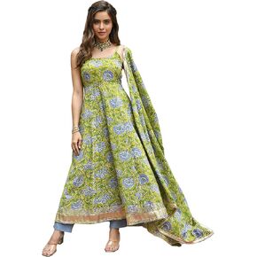 كورتا نسائية هندية من Janasya مصنوعة من القطن الخردل المطبوع بالزهور مع بنطال ووشاح in Kuwait