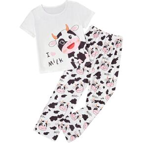 WDIRARA Women's Two Piece Cute Pajama Sets Cow Print Sleepwear Short Sleeve Top and Elastic Waist Pants