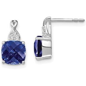 14k White Gold Checkerboard Created Sapphire and Diamond Earrings 13x6.8 mm (0.01 cttw, I2 Clarity, I-J Color)