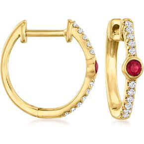 RS Pure by Ross-Simons Ruby and Diamond-Accented Huggie Hoop Earrings in 14kt Yellow Gold